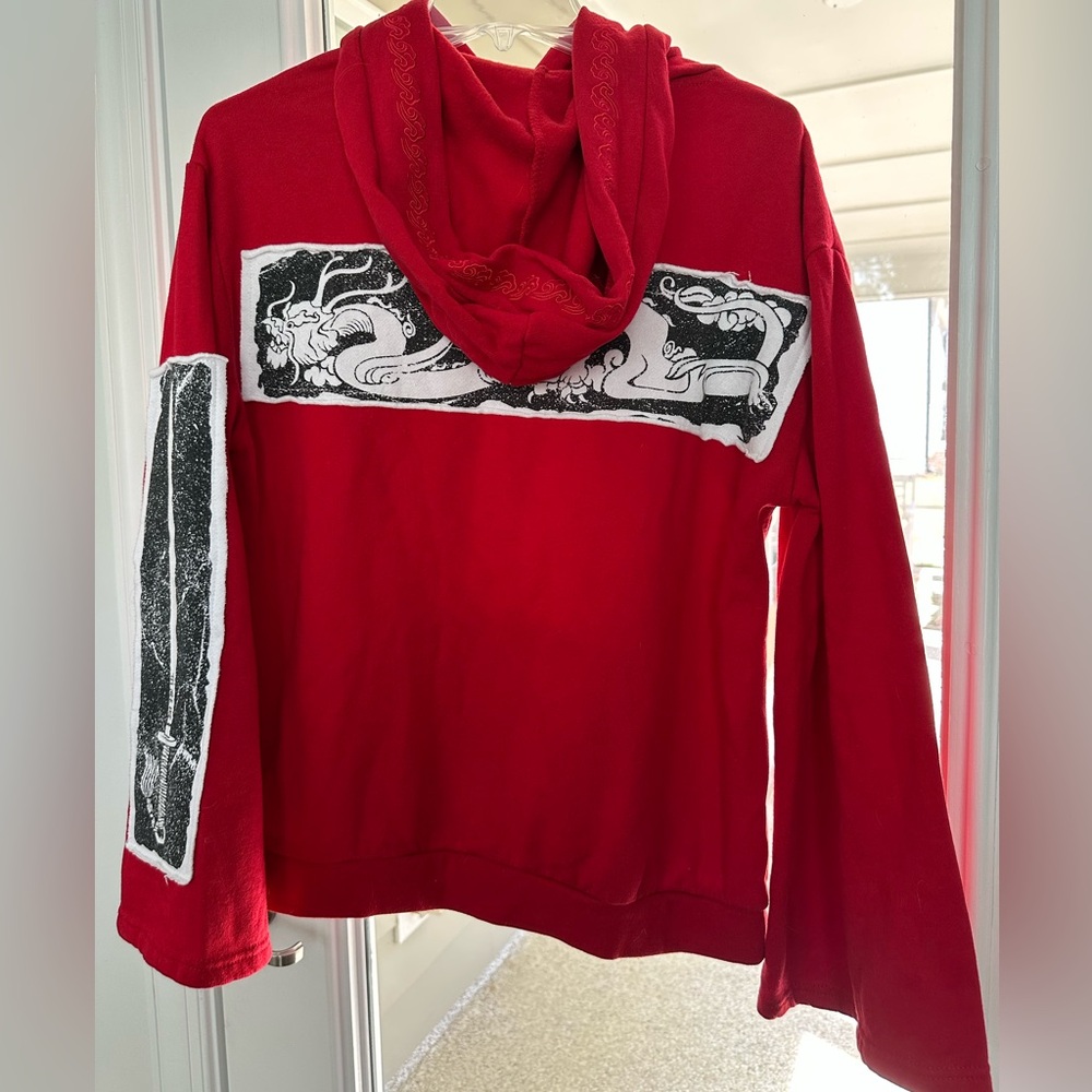 Disney Mulan Red Bell Sleeve Hoodie with Dragon and Sword Motifs, Size S